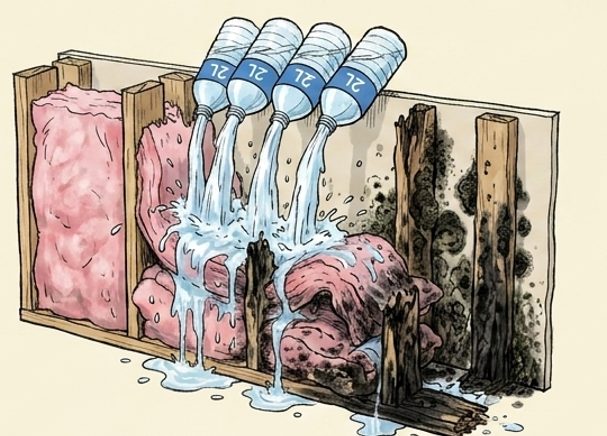 벽 속에 스며든 수증기가 물이 되는 과정을 설명하기 위한 일러스트 ©제이엘건축사사무소