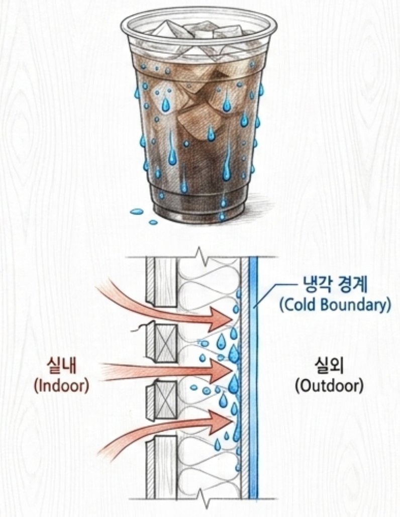 차가운 컵 표면에 물이 맺히는 원리는 벽체 안에서도 똑같이 일어난다. ©제이엘건축사사무소