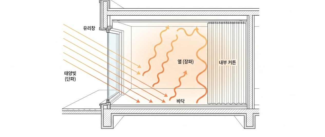 태양빛(단파)이 유리를 통과해 실내에서 열(장파)로 바뀌는 과정. ©제이엘건축사사무소