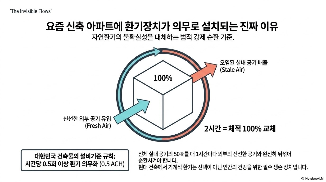 환기장치 의무 설치의 배경. 2시간이면 실내 체적 100%가 교체된다. AI 생성 인포그래픽. 근거: 「건축물의 설비기준 등에 관한 규칙」 제11조, 공동주택 30세대 이상