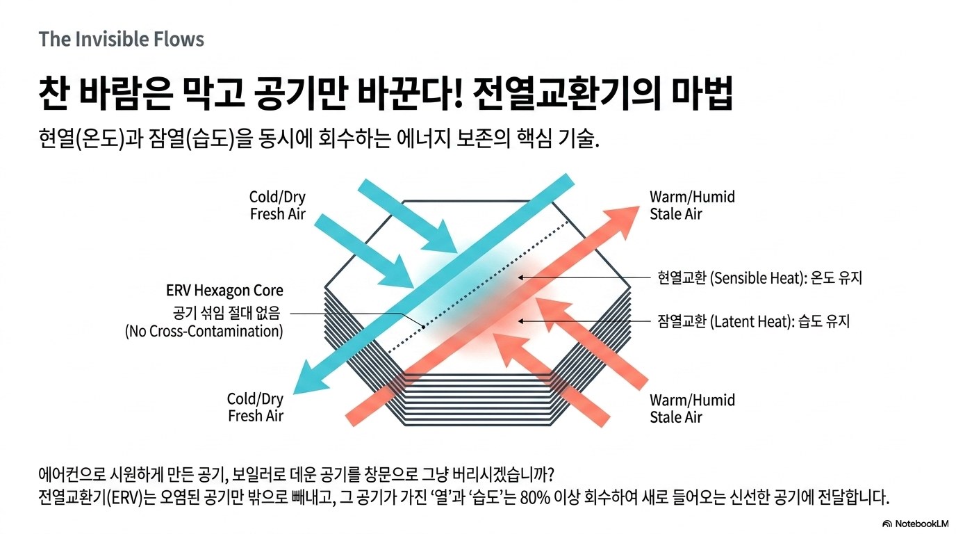 열교환소자를 지나며 열과 습도만 주고받는 원리. AI 생성 인포그래픽.