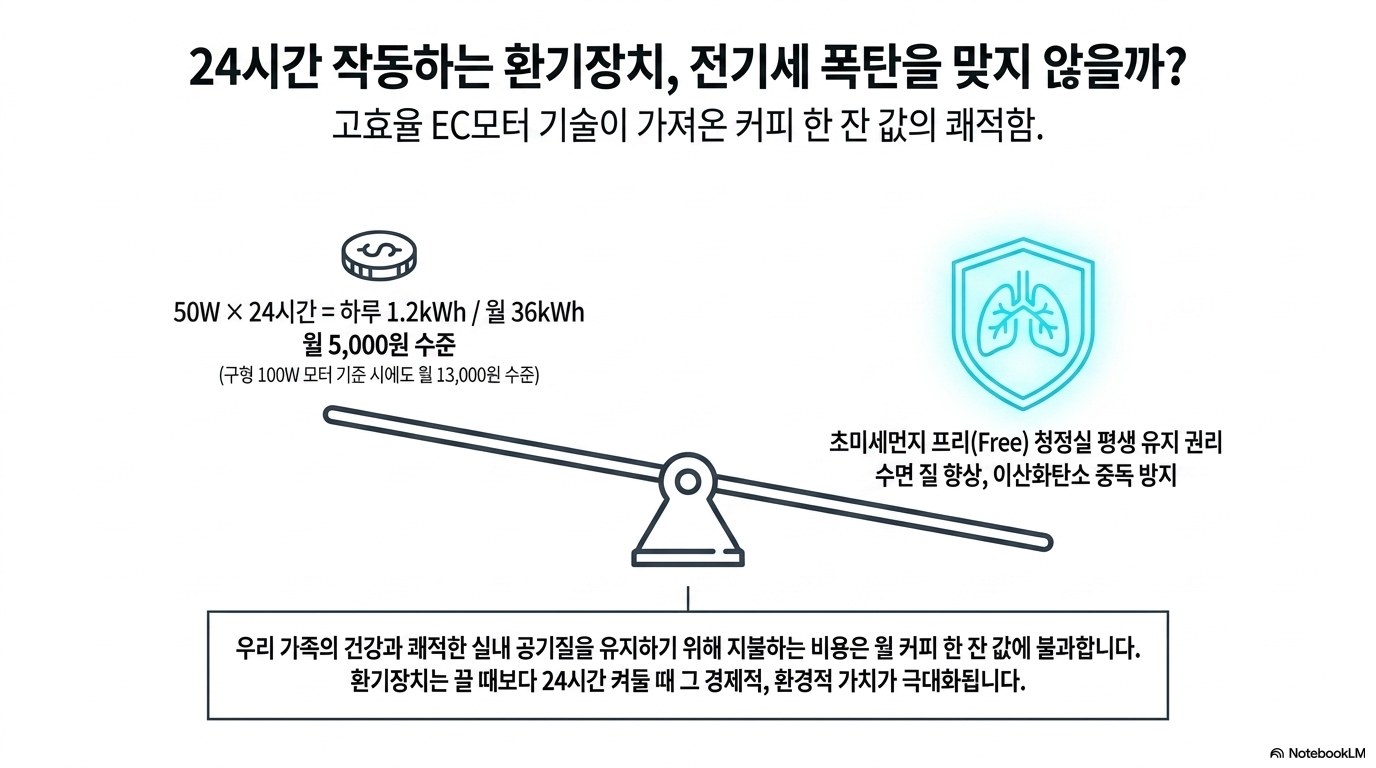 50W 환기장치를 24시간 가동했을 때의 전력과 요금. AI 생성 인포그래픽.