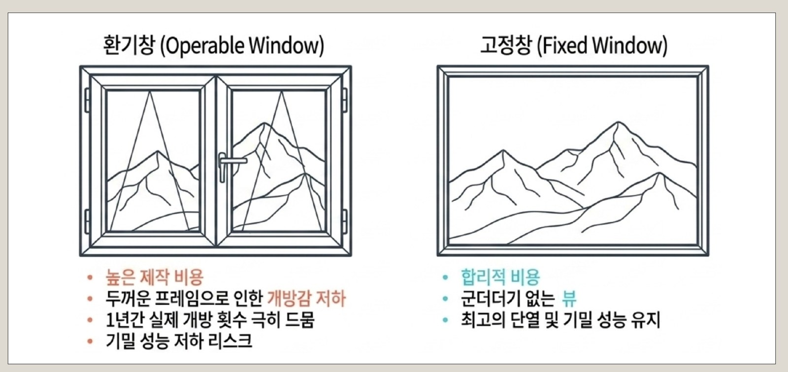 환기창(열리는 창)과 고정창의 비교. AI 생성 인포그래픽.