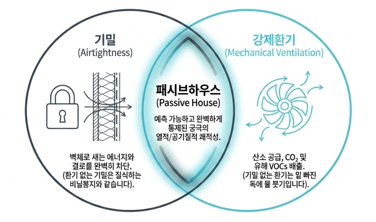 기밀과 강제환기가 만나는 지점이 패시브하우스. AI 생성 인포그래픽.